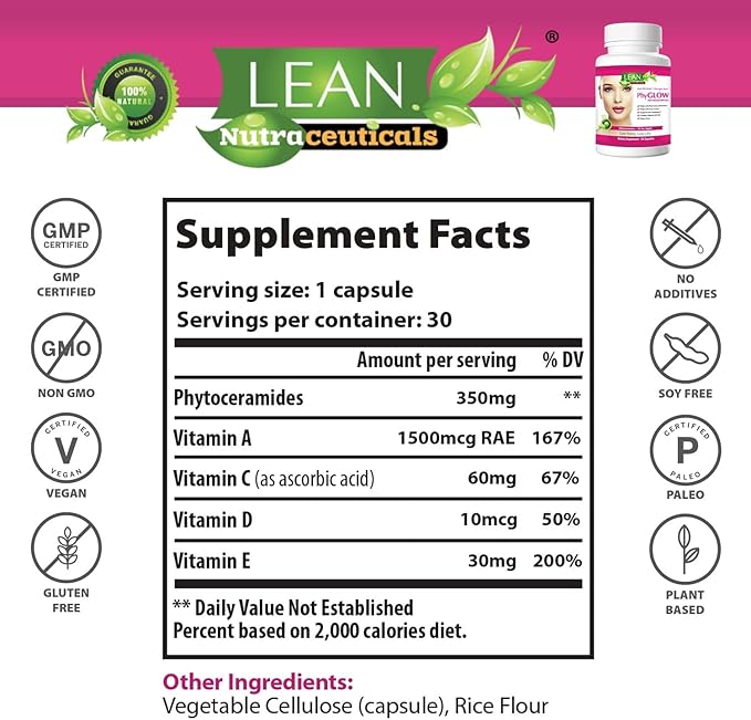 Phytoceramides 350mg Ceramide Skin Care Hydration Moisture Restoring Beauty Supplement with Multivitamins A, C, D, E, PhyGLOW Super Vegan Anti-Aging Wrinkle Support Pills for Women and Men 30 Capsules