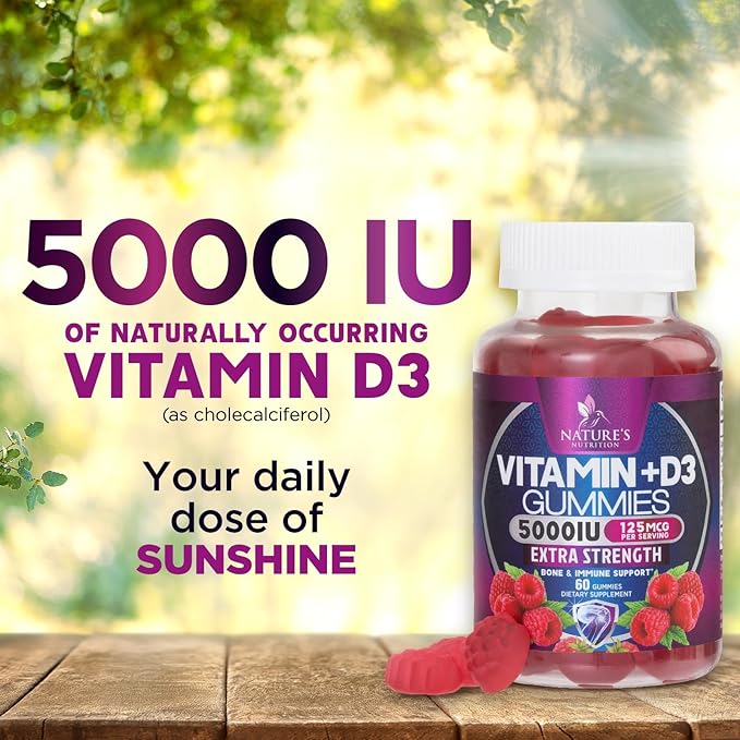 Vitamin D3 Supplement Gummy 5000 IU (125 mcg) Dietary Vitamins D for Men & Women - Bone, Teeth, Muscle and Immune Health Support, High Potency VIT D3 Nature's Non-GMO & Gluten Free - 60 Gummies