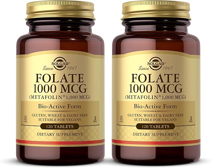 SOLGAR Folate 1000 mcg - 120 Tablets, 2 Pack - 1000 mcg Bio-Active Metafolin - Vegan, Gluten Free, Dairy Free, Kosher - 240 Total Servings