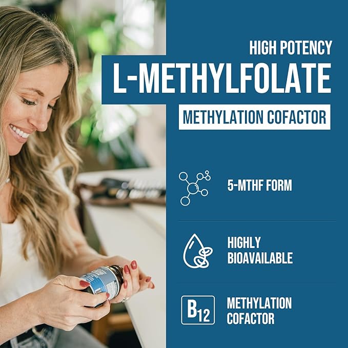 L Methyl Folate 1000 mcg Plus Methyl B12 Cofactor – Active 5-MTHF Form - Supports Mood, Methylation, Cognition – Highly Bioavailable Bioactive Forms of Vitamin B9 & B12 (60 Capsules – 60 Servings)