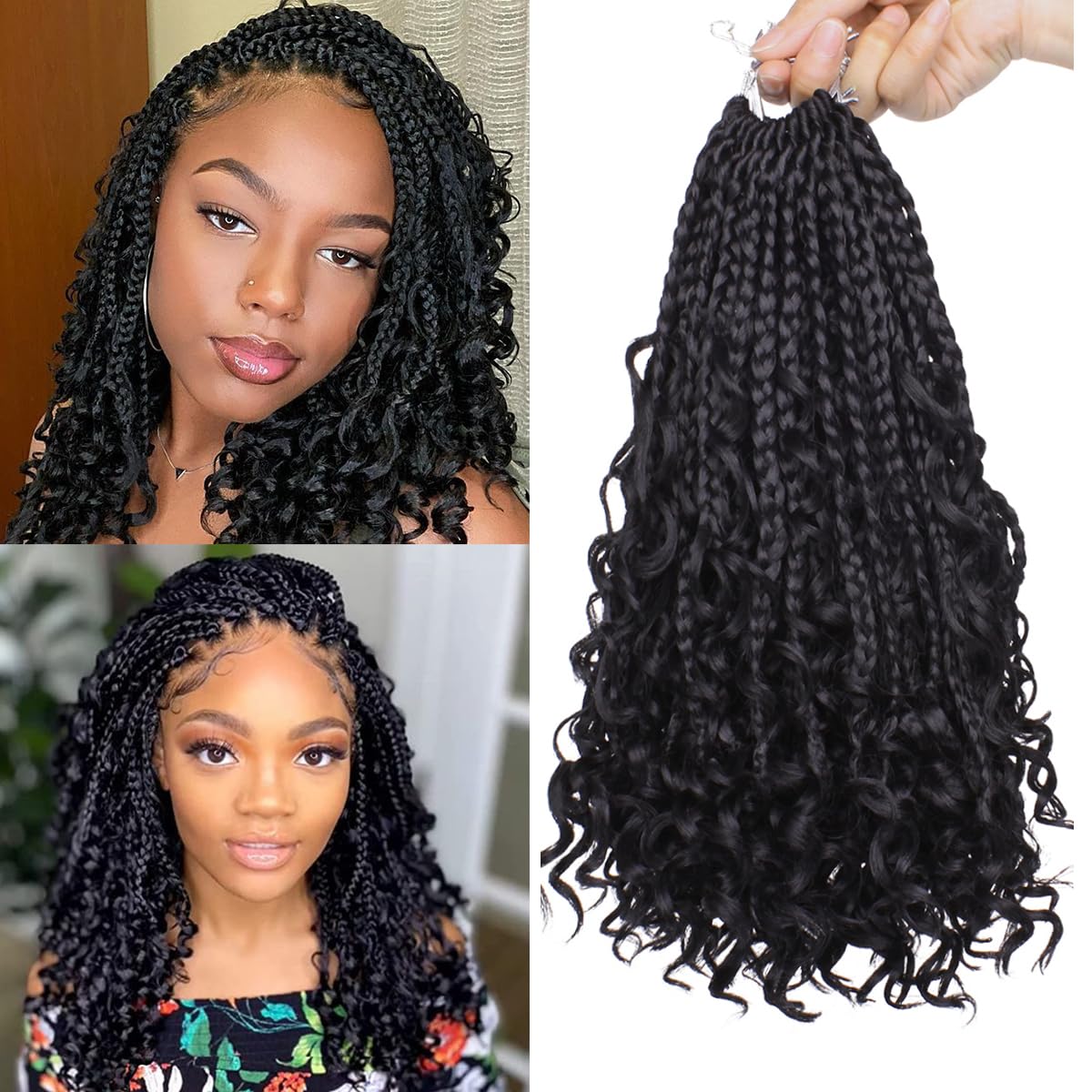 COOKOO 8 Inch Boho Box Braids Crochet Hair for Black Women 8 Pack Synthetic Pre Looped Bohemian Goddess Box Braids Crochet Hair Curly Ends Braiding Hair 1B#