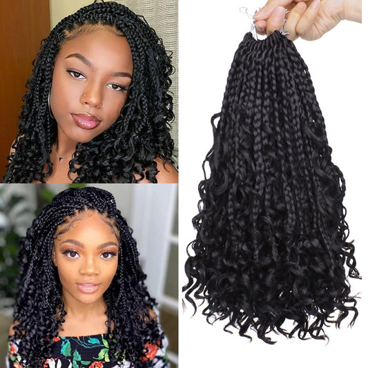 COOKOO 8 Inch Boho Box Braids Crochet Hair for Black Women 8 Pack Synthetic Pre Looped Bohemian Goddess Box Braids Crochet Hair Curly Ends Braiding Hair 1B#