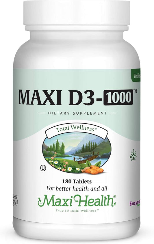 Maxi Health Vitamin D3 1000 IU Dietary Supplement - Easy to Swallow - Odorless & Tasteless - Supports Calcium Absorption, Immune Health and Bone Health in Adult Women & Men - 180 Tablets