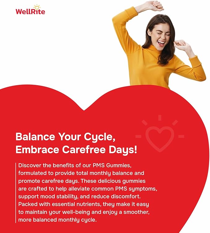 PMS Gummy Vitamins That Provides Total Monthly Balance & Carefree Days, 60 Count, Strawberry Flavored, Vegan, Gelatin Free, Gluten Free, Nut Free, Relieves Cramps, Normal Menstrual Flow