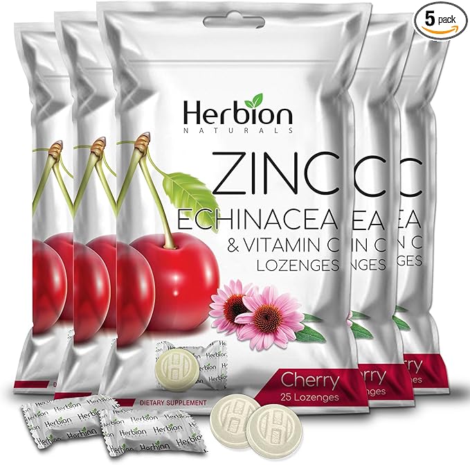 HERBION Naturals Zinc, Echinacea & Vitamin C Lozenges with Cherry Flavor, 25 CT - Dietary Supplement for Adults & Children 5+ - Promotes Wellness for The Whole Family - (Pack of 5) (125 Lozenges)