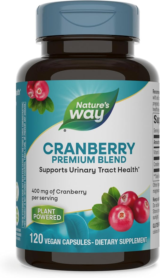 Nature's Way Premium Blend Cranberry, Urinary Tract Health Support*, with 100% Cranberry Concentrate, 400 mg Per Serving, 120 Capsules (Packaging May Vary)
