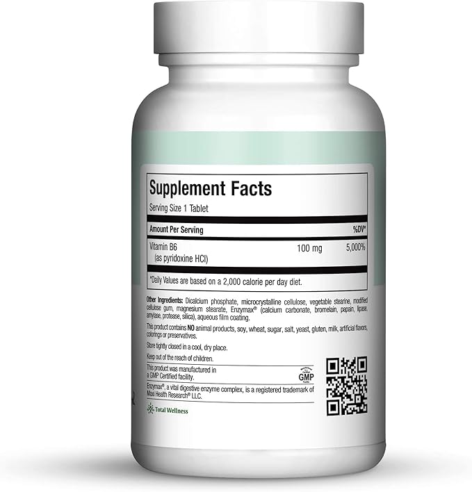 Maxi Health B-6 - Vitamin B6-100 mg Cardiovascular Health - 100 Tablets - Kosher (100 Count, Pack of 2)