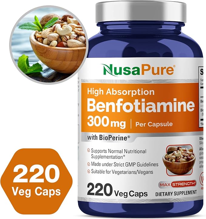 NusaPure Benfotiamine 300mg Per Veggie Caps 220 Count (Non-GMO, Vegan, Gluten-Free) Bioperine