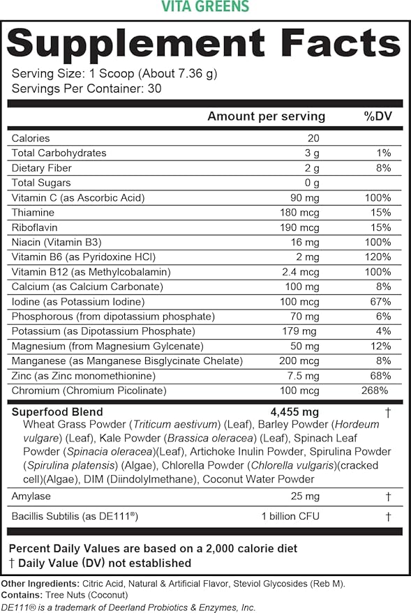 Vita Greens Superfood Powder: Immune and Digestion Support | Enhanced Energy | Daily Multivitamin Blend