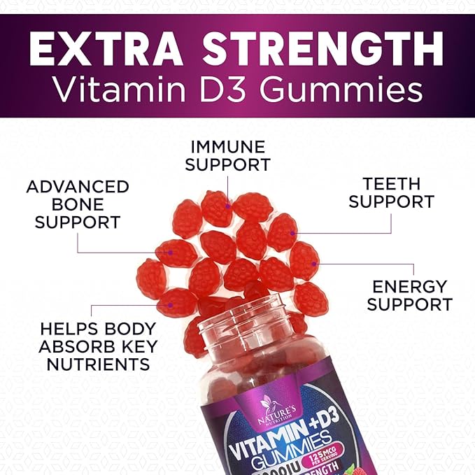 Vitamin D3 Supplement Gummy 5000 IU (125 mcg) Dietary Vitamins D for Men & Women - Bone, Teeth, Muscle and Immune Health Support, High Potency VIT D3 Nature's Non-GMO & Gluten Free - 60 Gummies