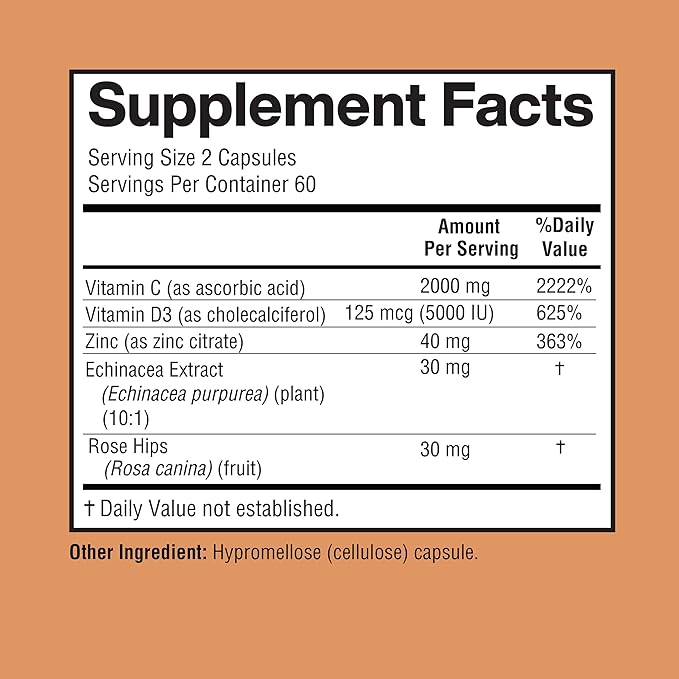 Vitamin C 2000MG, Zinc 40 mg, Vitamin D3 5000 IU, Echinacea Extract, Rose Hip, Immune Support for Adults & Kids, Immune Booster,120 Vegan Caps, 60 Day Supply, Non GMO, No Filler