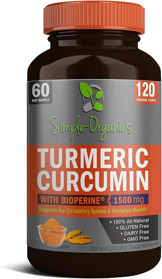 Turmeric Curcumin with Bioperine, Black Pepper Extract for Absorption, Natural Joint Support and Overall Health, 1500mg per Serving, 120 Vegan Capsules