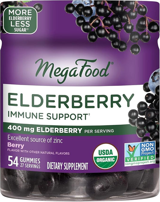 MegaFood Elderberry Immune Support Supplement - Vegan Elderberry Gummies for Adults - Made with Zinc and Real Food - Pectin-Based, Gluten-Free, USDA Organic - 54 Gummies, 27 Servings