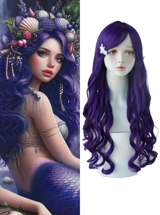 7JHH WIGS Long Wavy Costume Wigs Cosplay Mermaid Dark Purple Wig for Women Halloween Party Used High Temperature Heat Resistant Fiber Natural Hairline Cos Wig
