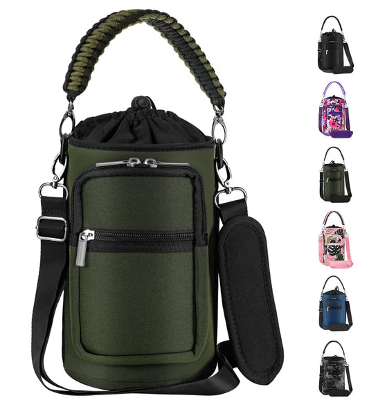 AceTreker 64 oz /87 oz/128 oz Neoprene Water Bottle Carrier for Half/One Gallon Insulated Metal Thermo Water Bottles, Sleeve Bag for Outdoor Camping, Hiking, Fishing-Green