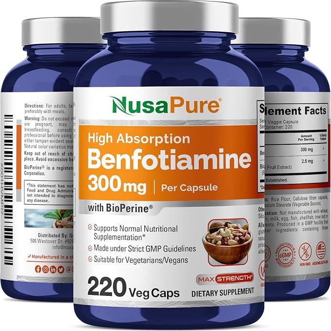 NusaPure Benfotiamine 300mg Per Veggie Caps 220 Count (Non-GMO, Vegan, Gluten-Free) Bioperine