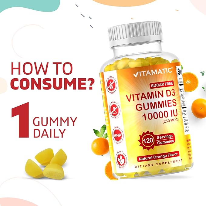 Vitamatic Sugar Free Vitamin D3 10000 IU - 120 Pectin Based Gummies - Great Taste - Healthy Bones, Mood & Immune System Function - Non-GMO - 120 Servings