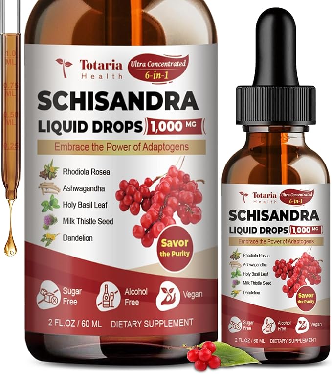 Schisandra Supplement 6-in-1 Schisandra Berry Drops with Rhodiola Rosea, Ashwagandha, Holy Basil, Milk Thistle, Dandelion Root Adaptogen for Mood Stress Liver Health 2Fl.Oz