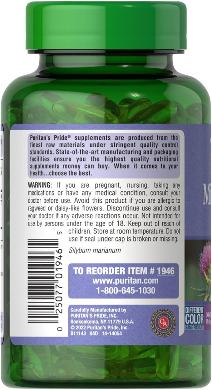 Puritan's Milk Thistle 4:1 Extract 1000mg 180 Softgels (Silymarin) Liver Health