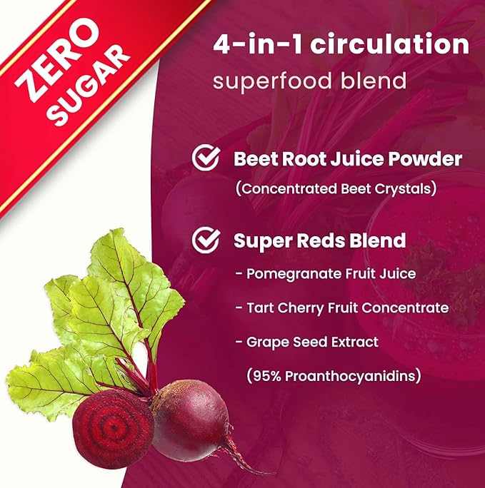 NutraChamps Beet Root Powder Circulation Supplement, Superfood Powder Nitric Oxide Supplement with Beetroot Juice, Super Reds Powder & Grape Seed Extract, No Sugar Beet Supplement - 8.74 Oz