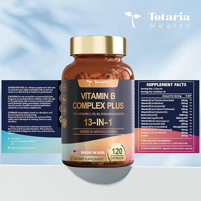 13-in-1 Vitamin B Complex Plus with Vitamin B1, B2, B3 (Niacin), B4, B5, B6, B7 (Biotin), B8 (Inositol), B9 (Folate), B12, C, D3, K2 for Energy, Nerve, Immune, Skin - 120 Caps per Bottle - 2 Bottles