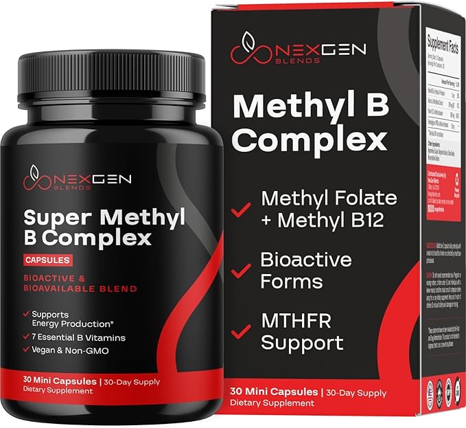 Methylated B Complex Vitamin Supplement - Bioactive Methyl B Complex with 5-MTHF Methyl Folate & B12 Methylcobalamin for Brain Heart Energy & Homocysteine Support - Super Vitamin B Complex (30 count)