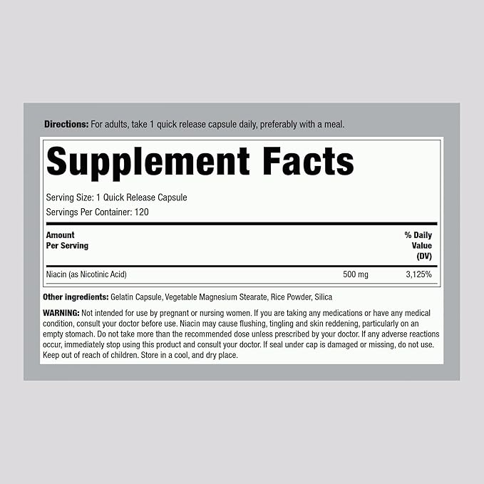 Piping Rock Niacin Flush 500mg | 120 Capsules | Non-GMO and Gluten Free Supplement
