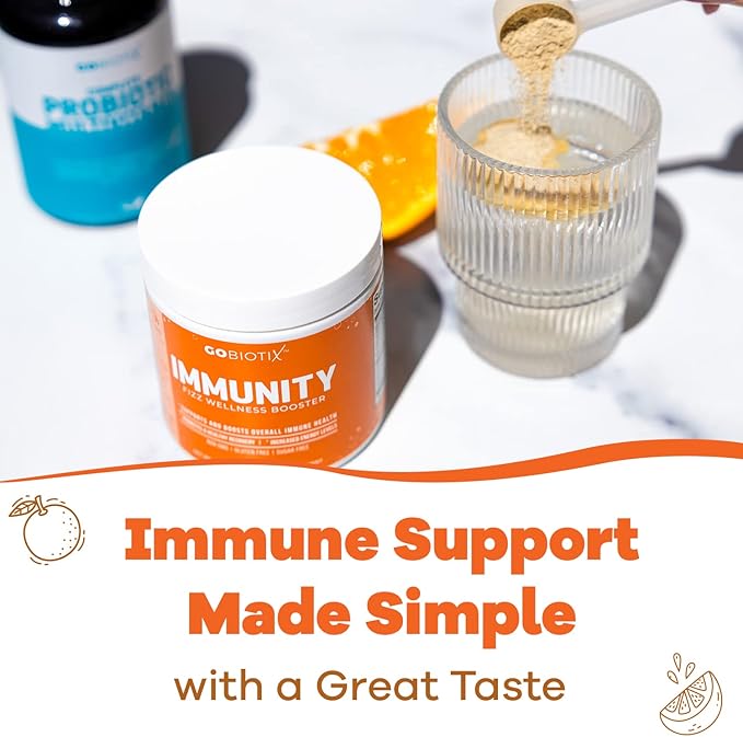 GOBIOTIX Vitamin C - Immune Defense Support Supplement - Immunity Powder Wellness Booster - Vegan Superfood - Elderberry, Turmeric, B12 Vitamin Supplement, Non-GMO and Sugar Free (Orange)