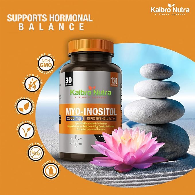 Kaibro Nutra Myo-Inositol Supplement, Myo-Inositol & D-Chiro Inositol 40:1 Ratio, Hormone Balance & Ovarian Support for Women with Vitamin B8, 2050mg, Vegan, Non-GMO Capsules 120 Count