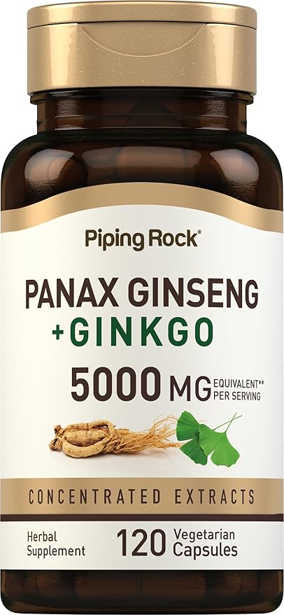 Piping Rock Panax Ginseng Capsules | 5000 mg | 120 Count | with Ginkgo Biloba | Vegetarian, Non-GMO, and Gluten Free Supplement