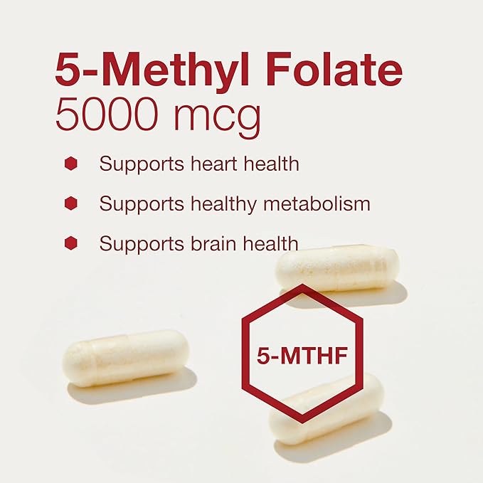 PROTOCOL FOR LIFE BALANCE 5-Methylfolate 5,000mcg - Superior Methyl Folate Bioavailability - for Brain Support - Folate Supplement for Women & Men - Kosher & Vegan - 50 Veg Caps
