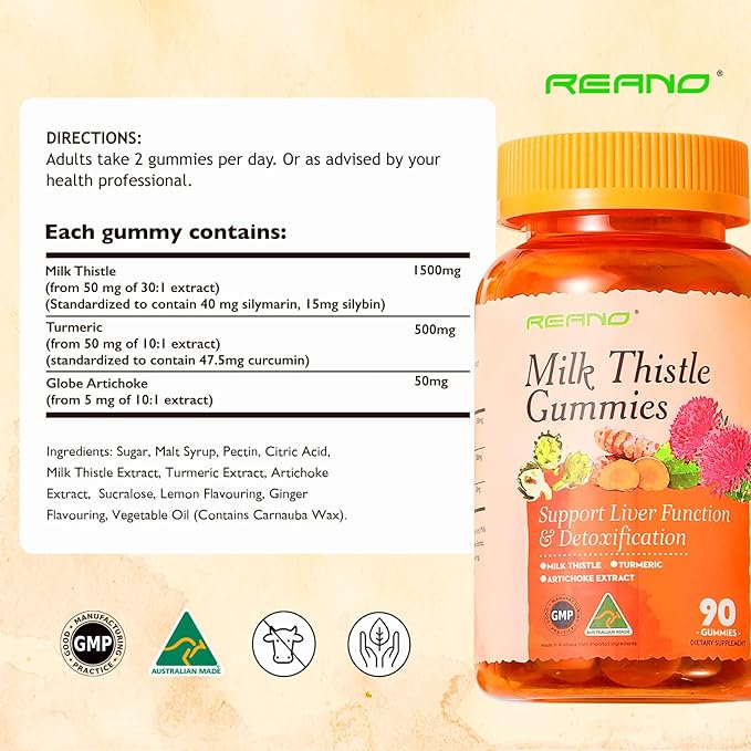 REANO Milk Thistle Gummies with Artichoke and Turmeric, 30:1 Concentrated Extract, 80% Silymarin, 30% Silybin, Non-GMO, Gluten-Free, 90 Count