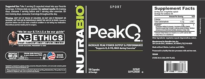 NutraBio PeakO2 Workout Supplement, 180 Capsules - Mushroom Blend Supplement to Help Enhance Athletic Performance and Overall Health, 60 Servings