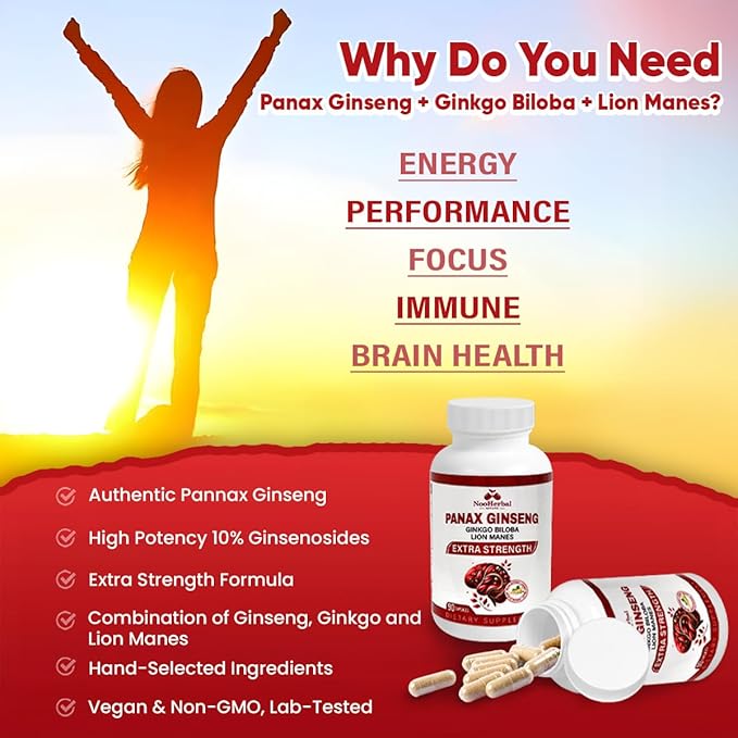 Panax Ginseng 500mg + Ginkgo Biloba + Lions Mane, 90 Vegan Capsules | Extra Strength Ginsenosides for Energy, Mental Focus, Immune Support | Brain Supplement | Non-GMO & Gluten Free Herbal Supplement