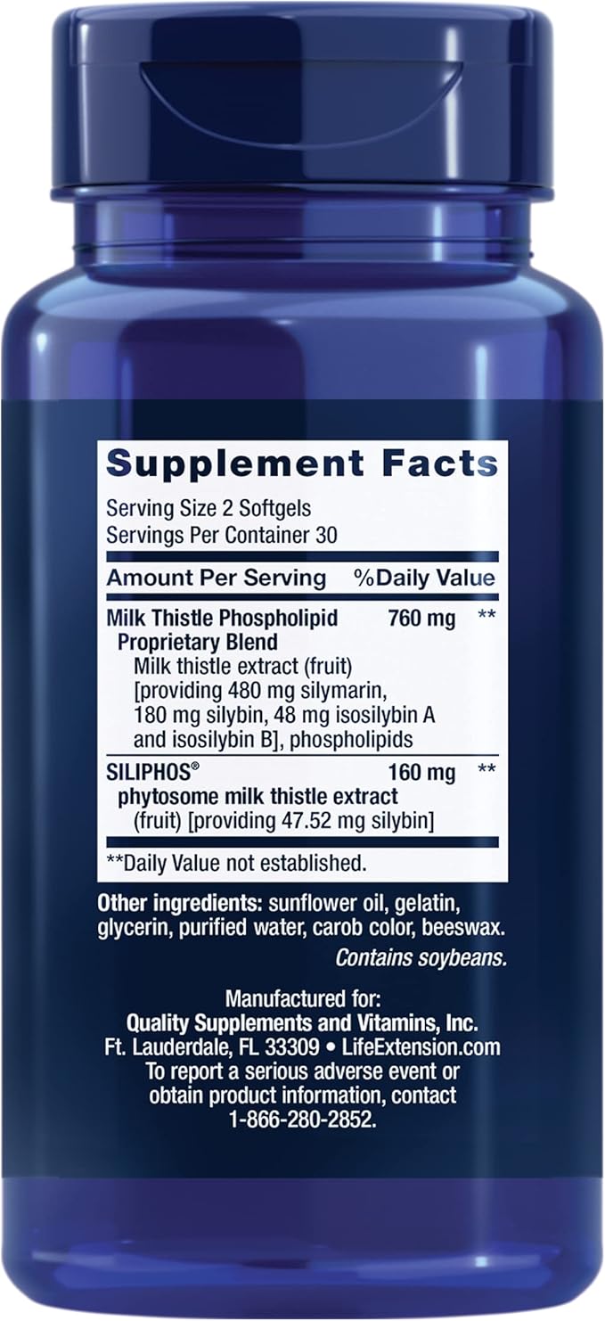 Life Extension Advanced Milk Thistle, silymarin, silybin, phospholipids, Promotes Healthy Liver Function, Gluten-Free, Non-GMO, 60 softgels
