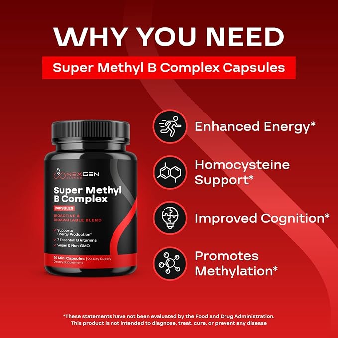 Methylated B Complex Vitamin Supplement - Bioactive Methyl B Complex with 5-MTHF Methyl Folate & B12 Methylcobalamin for Brain Heart Energy & Homocysteine Support - Super Vitamin B Complex - 90 Caps