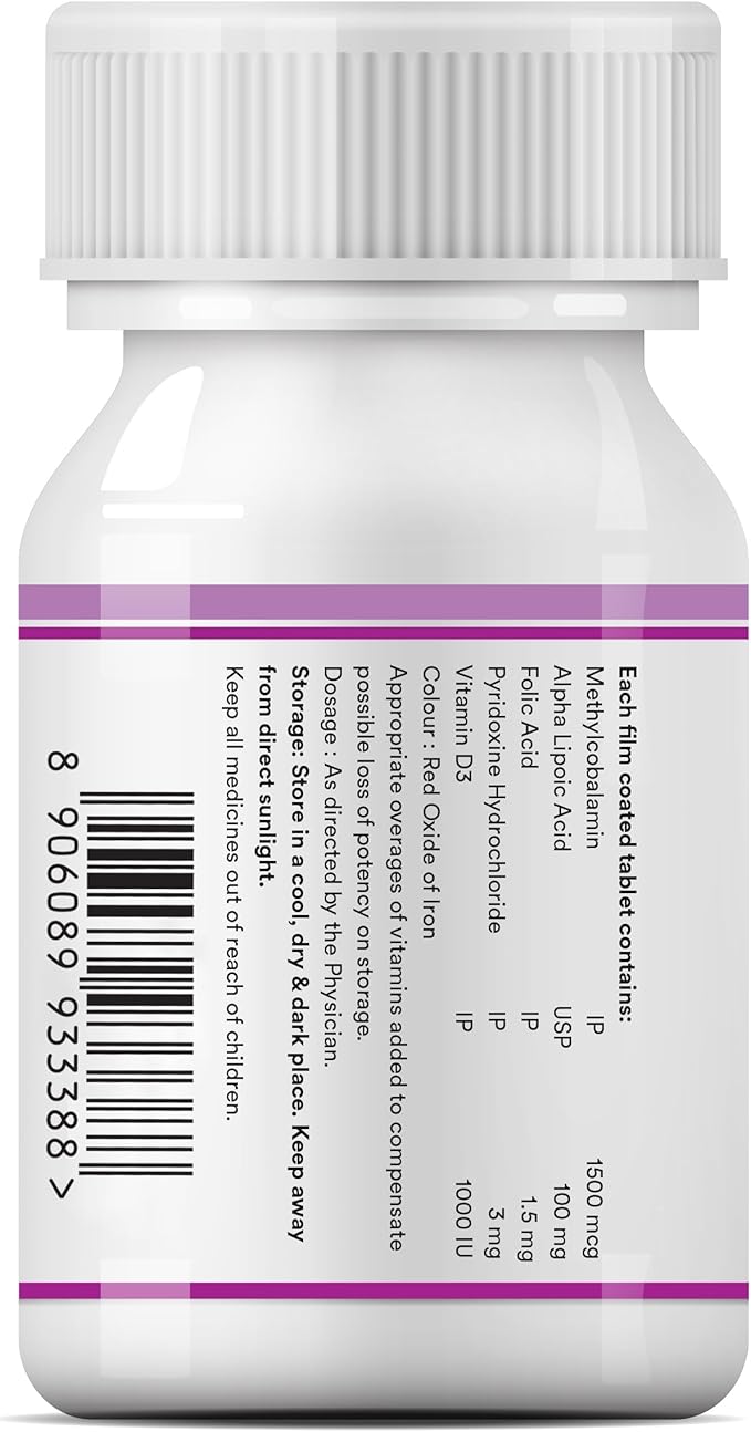 Nurospan Brain Vitamins B12 Methylcobalamin 1500mcg, ALA (Alpha Lipoic Acid), Folic Acid & Vitamin D3 for Energy | Vegetarian Brain Supplements for Memory and Focus | GMP Tested - (60 Count)