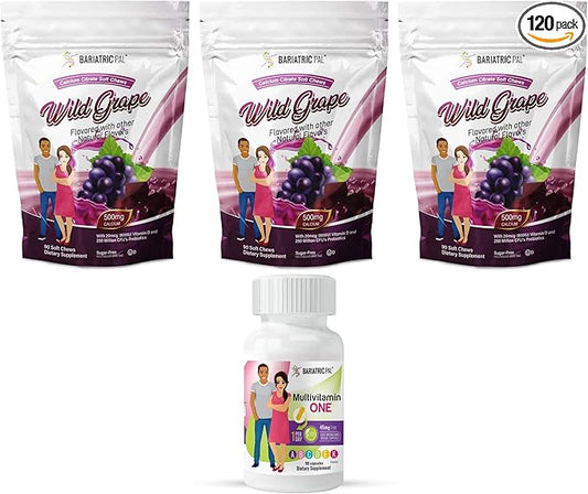 BariatricPal 90-Day Bariatric Vitamin Bundle (Multivitamin ONE 1 per Day! Capsule with 45mg Iron and Calcium Citrate Soft Chews 500mg with Probiotics - Wild Grape)