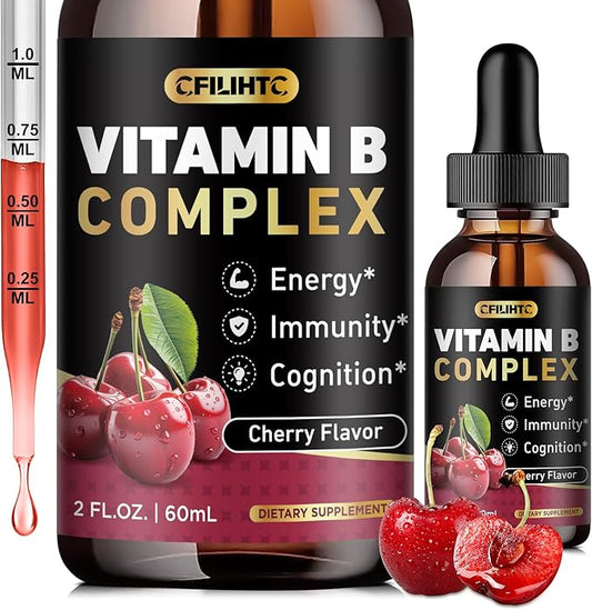 Vitamin B Complex Liquid Drops, B Vitamins Complex Supplement with B1, B2, B3, B5 B6, B7, B9 & Methyl B12 Drops for Adults & Kids, Vegan, Cherry Flavor