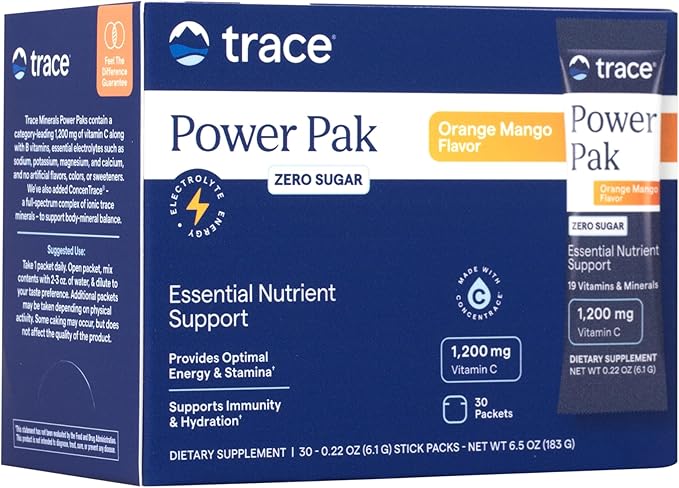 Trace Minerals Power Pak Sugar-Free - Immune & Energy Health Support - Powder Drink Mix with Vitamins & Minerals - Supports Hydration & Mineral Absorption - Orange Mango, 30 Packets (30 Servings)