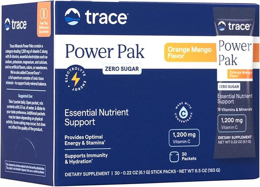 Trace Minerals Power Pak Sugar-Free - Immune & Energy Health Support - Powder Drink Mix with Vitamins & Minerals - Supports Hydration & Mineral Absorption - Orange Mango, 30 Packets (30 Servings)