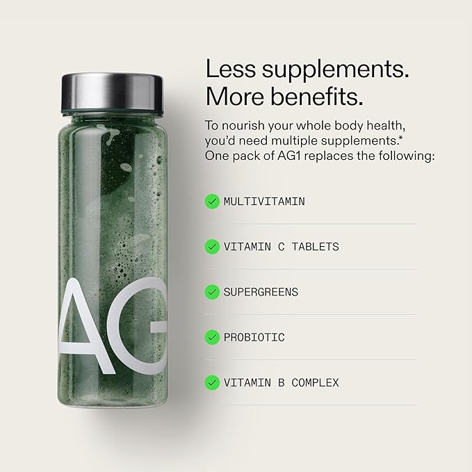 AG1 Greens Powder Supplement | Improve Gut Health | Multivitamin, Probiotic, Gluten Free, Vegan and Keto Friendly | Shaker & Scoop Included | 75 Vitamins (Athletic Greens)