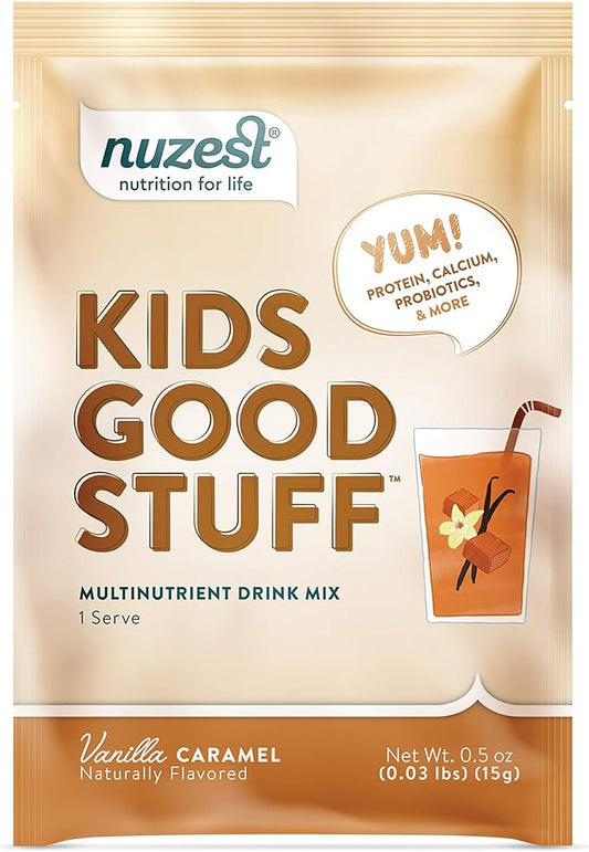 Nuzest - Kids Good Stuff - Vegan Smoothie Mix - Vanilla Caramel - Multivitamin Nutritional Supplement Protein Shake - Dairy Free - Supporting Growth and Development - 0.5 Oz (1 Serving)