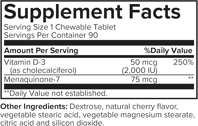 Vitamin D-3 50mcg 2000 IU + K-2 75mcg 90ct Chewable Tablets