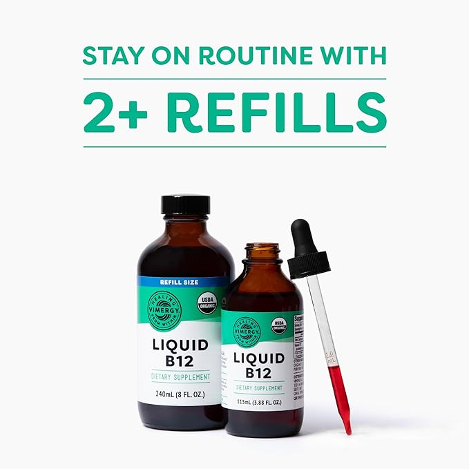 Vimergy Liquid B12 Refill – Fast-Absorbing Brain Support – Energy Support Supplement – USDA Certified Organic, Vegan, Non-GMO – 240 Servings (240 mL)