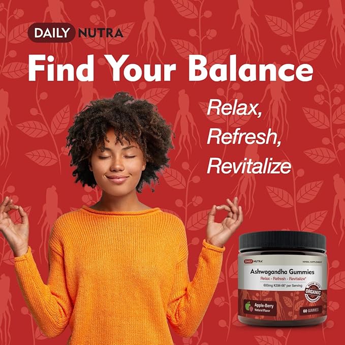 KSM-66 Ashwagandha Gummies - 600mg Organic Root Extract per Serving - Delicious Natural Apple-Berry Flavor | Supports Relaxation, Focus, & Energy (60 Gummies)