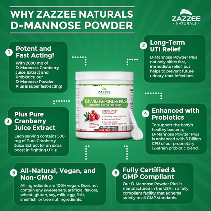 Zazzee D-Mannose Powder Plus, 2000 mg, 67 Servings, Potent & Fast-Acting, Plus 5 Billion CFU Probiotics and Pure Cranberry Juice Extract, Free Scoop, 6.5 Oz, Vegan, Gluten-Free, Non-GMO, All-Natural