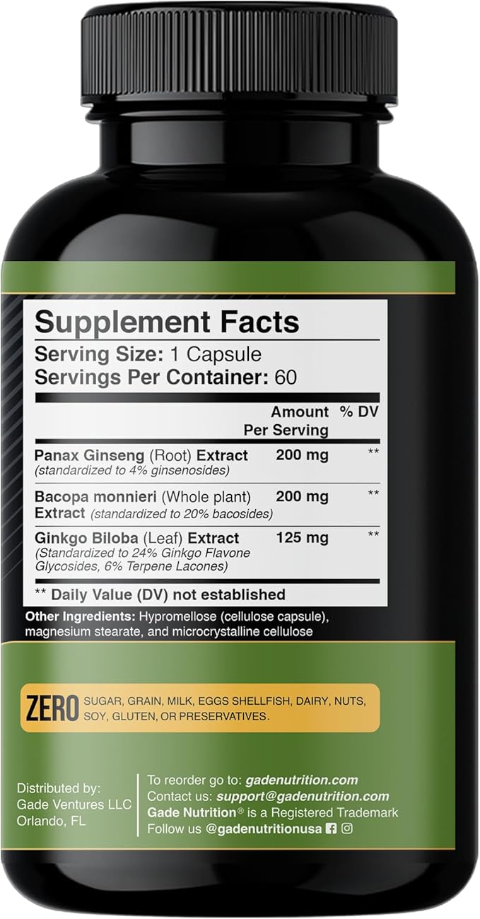 Gade Nutrition Ginkgo Biloba with Ginseng Supplement and Bacopa Monnieri | Brain Supplements for Memory and Focus with panax Ginseng & Ginko biloba Capsules - Memory Supplement for Brain