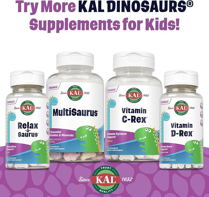 KAL Relax-a-Saurus, Stress Support Supplement for Kids, L-Theanine for Children with Herbal Stress Relief & Relaxation & Blend, Delicious Natural Grape Flavor, 60-Day Guarantee, 30 Chewables