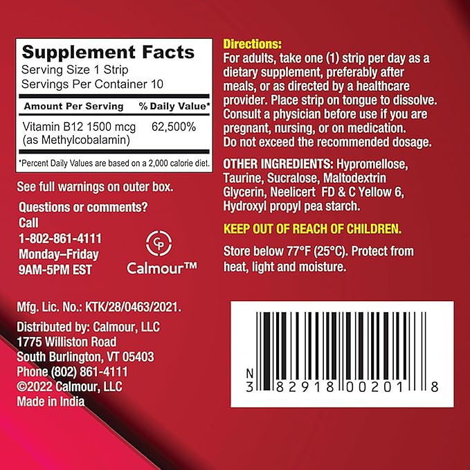 Vitamin B12 Strips 10 Pack | Easy Oral Dissolvable Mint Flavored Strips | 1500 mcg Strips | VIT B12 Dissolve Under Tongue | Methylcobalamin B-12 Vitamin Formula | Vegan Friendly & Gluten Free